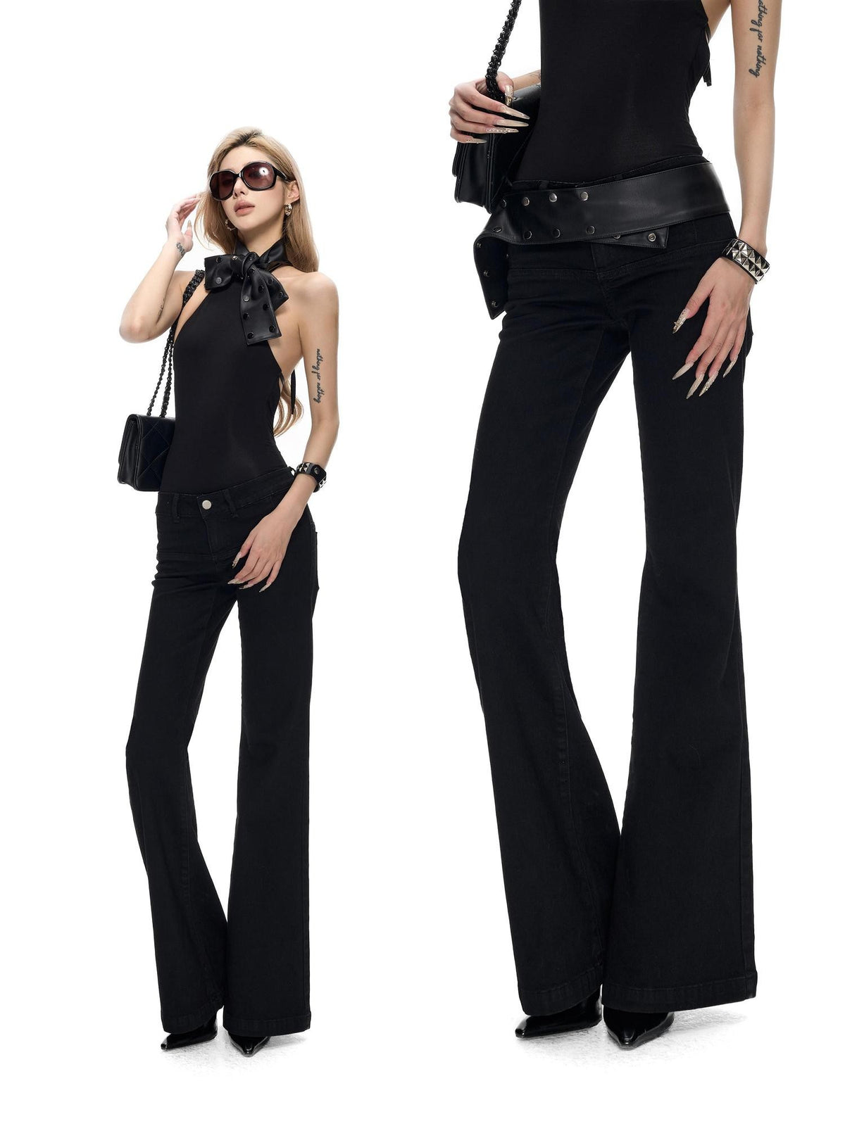 Fanptntox Washed Black Distressed Lace Up Low Waist Stretch Cotton Women's Flare Jeans