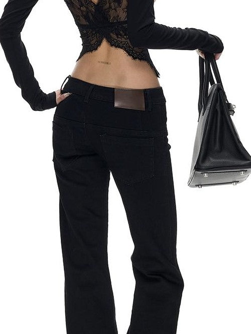 Fanptntox Washed Black Distressed Lace Up Low Waist Stretch Cotton Women's Flare Jeans