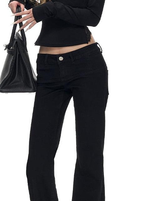 Fanptntox Washed Black Distressed Lace Up Low Waist Stretch Cotton Women's Flare Jeans
