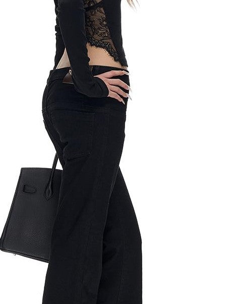 Fanptntox Washed Black Distressed Lace Up Low Waist Stretch Cotton Women's Flare Jeans