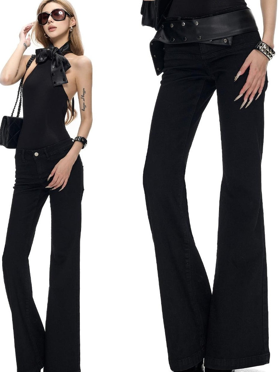 Fanptntox Washed Black Distressed Lace Up Low Waist Stretch Cotton Women's Flare Jeans