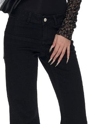 Fanptntox Washed Black Distressed Lace Up Low Waist Stretch Cotton Women's Flare Jeans