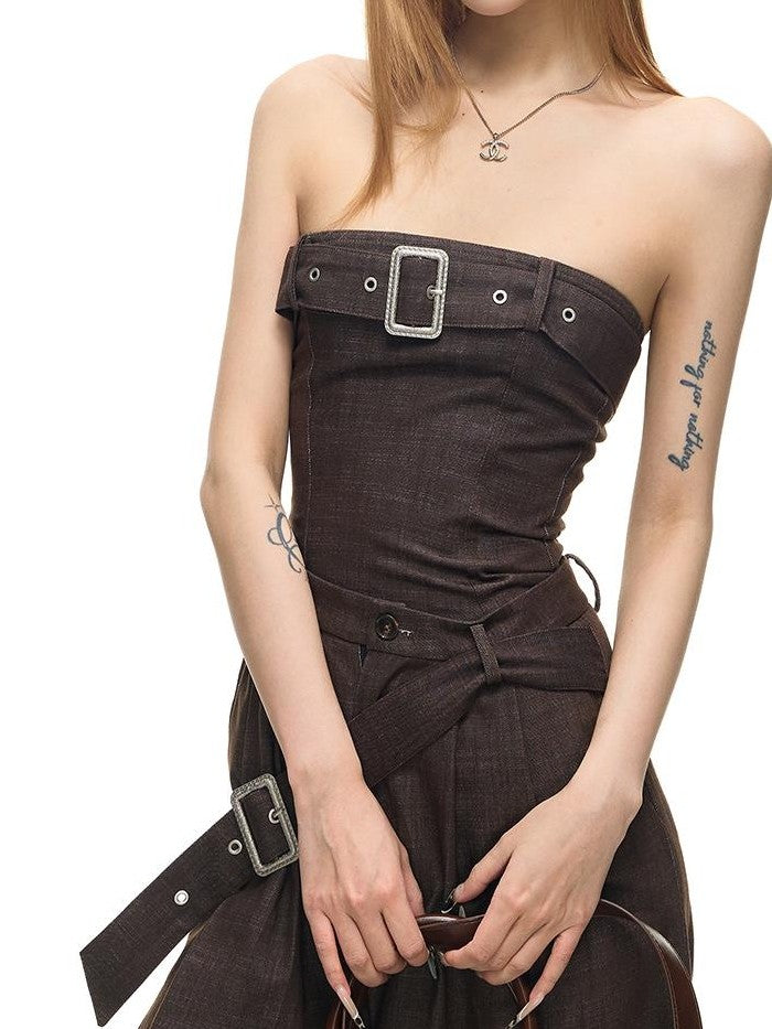 Fanptntox Washed Denim Look Embossed Buckle Women's Sleeveless Loose Casual Top & Pants Sets