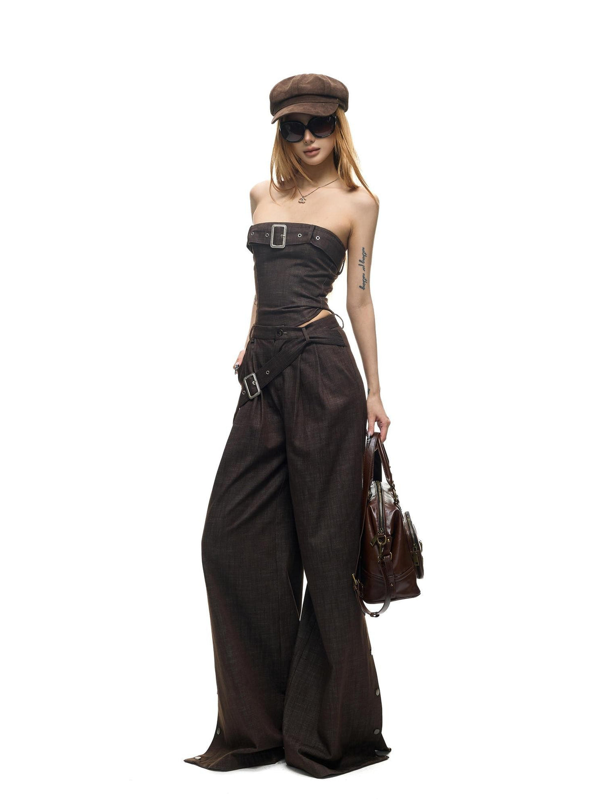 Fanptntox Washed Denim Look Embossed Buckle Women's Sleeveless Loose Casual Top & Pants Sets
