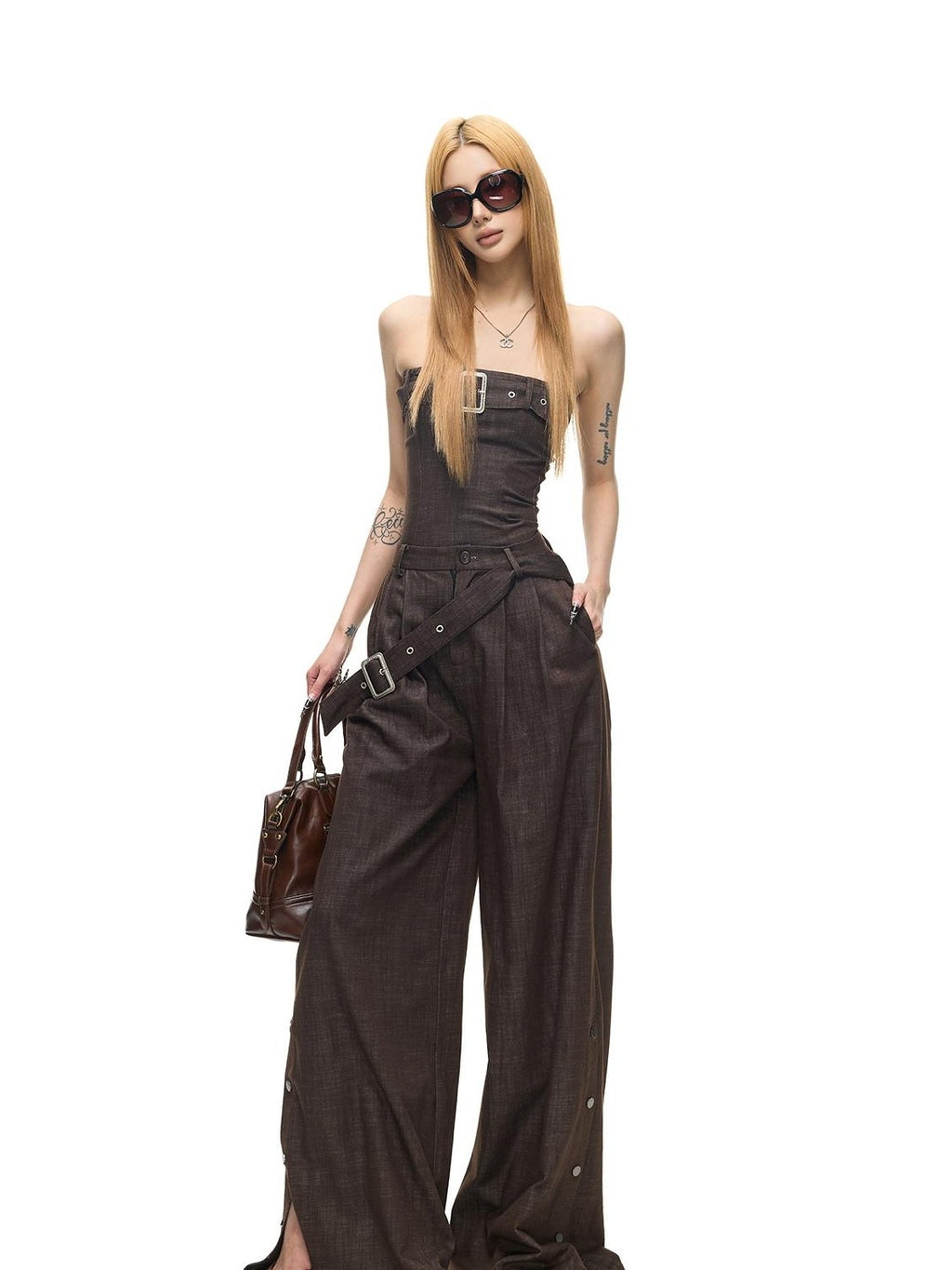 Fanptntox Washed Denim Look Embossed Buckle Women's Sleeveless Loose Casual Top & Pants Sets