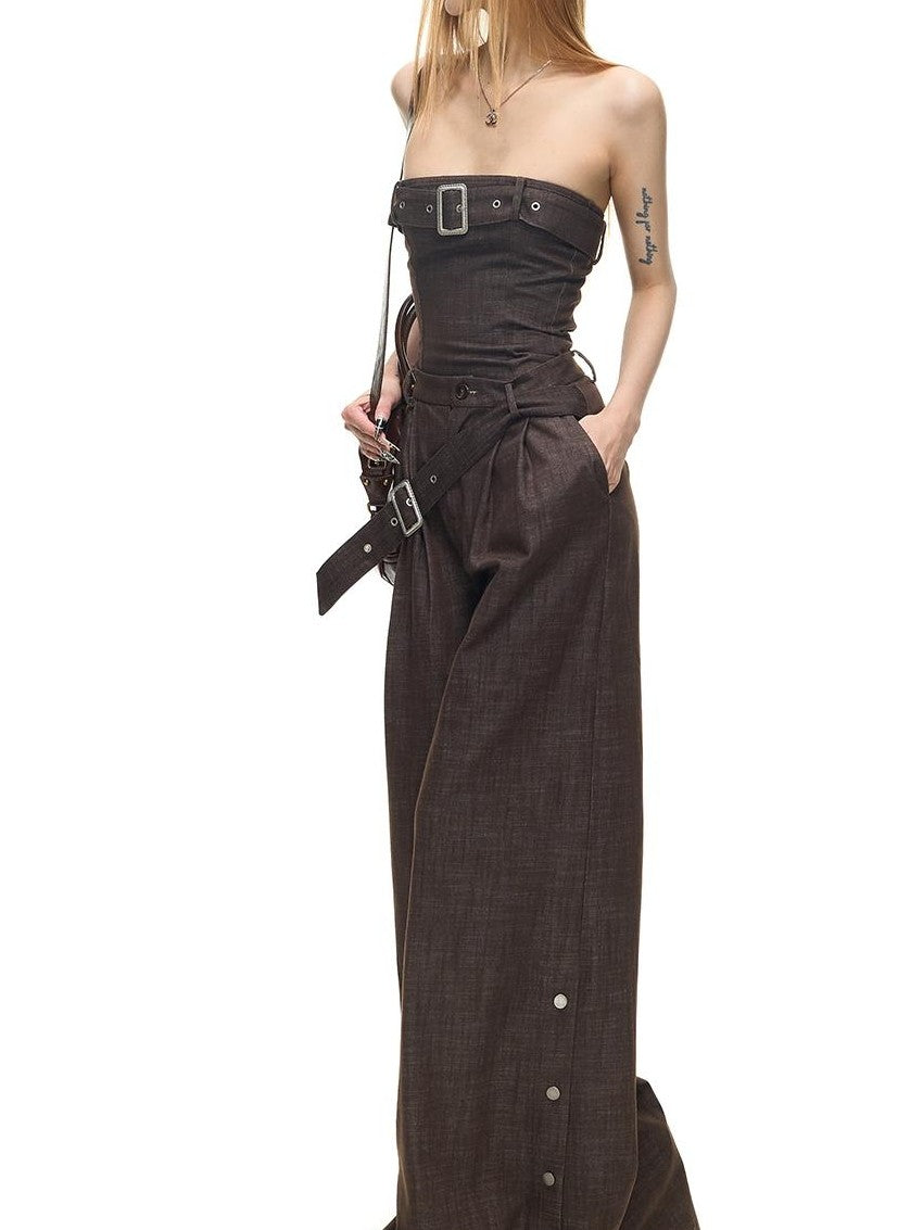 Fanptntox Washed Denim Look Embossed Buckle Women's Sleeveless Loose Casual Top & Pants Sets