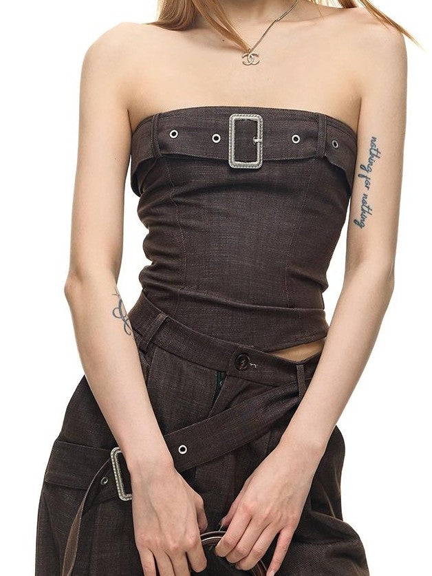 Fanptntox Washed Denim Look Embossed Buckle Women's Sleeveless Loose Casual Top & Pants Sets