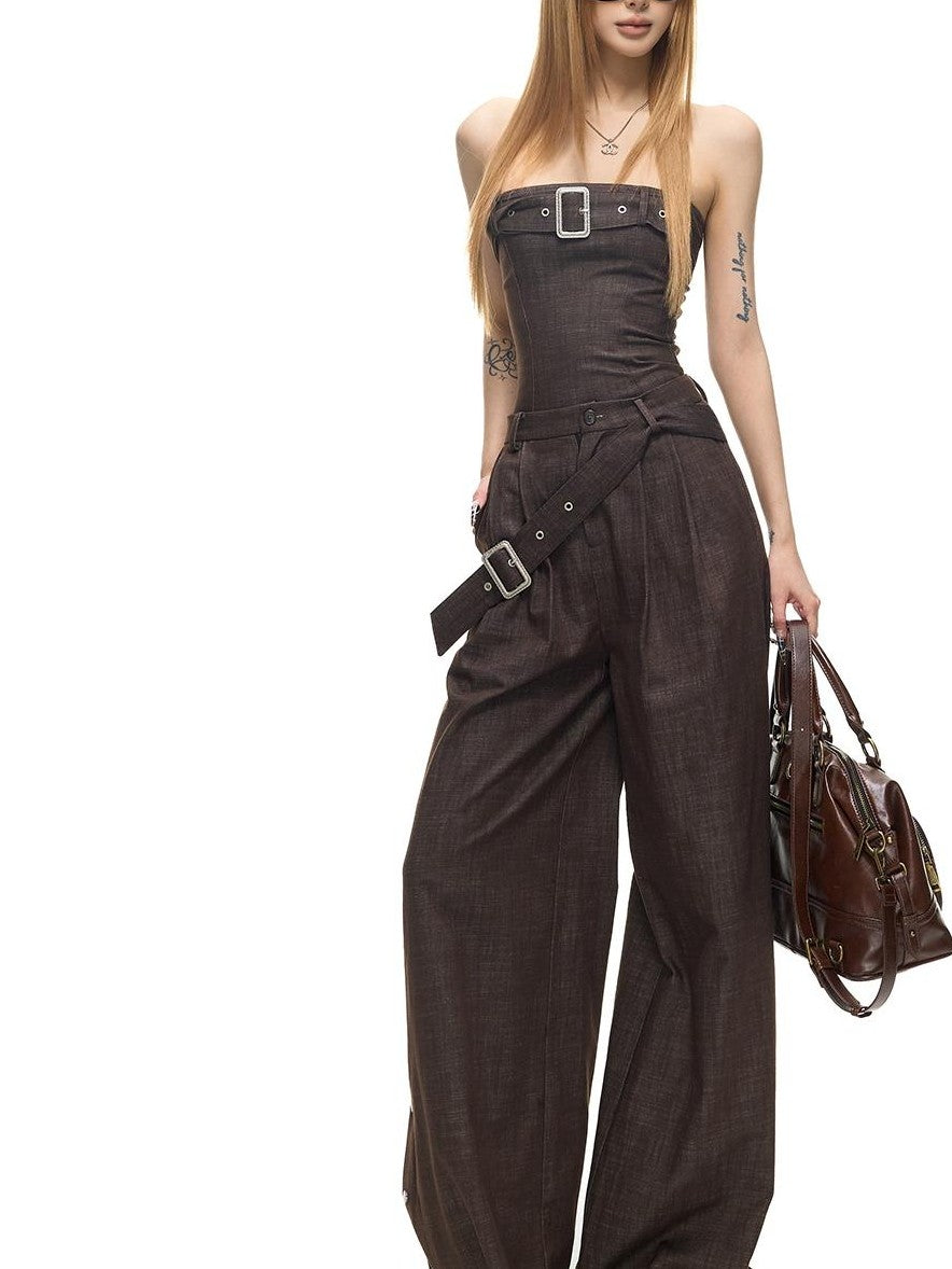 Fanptntox Washed Denim Look Embossed Buckle Women's Sleeveless Loose Casual Top & Pants Sets