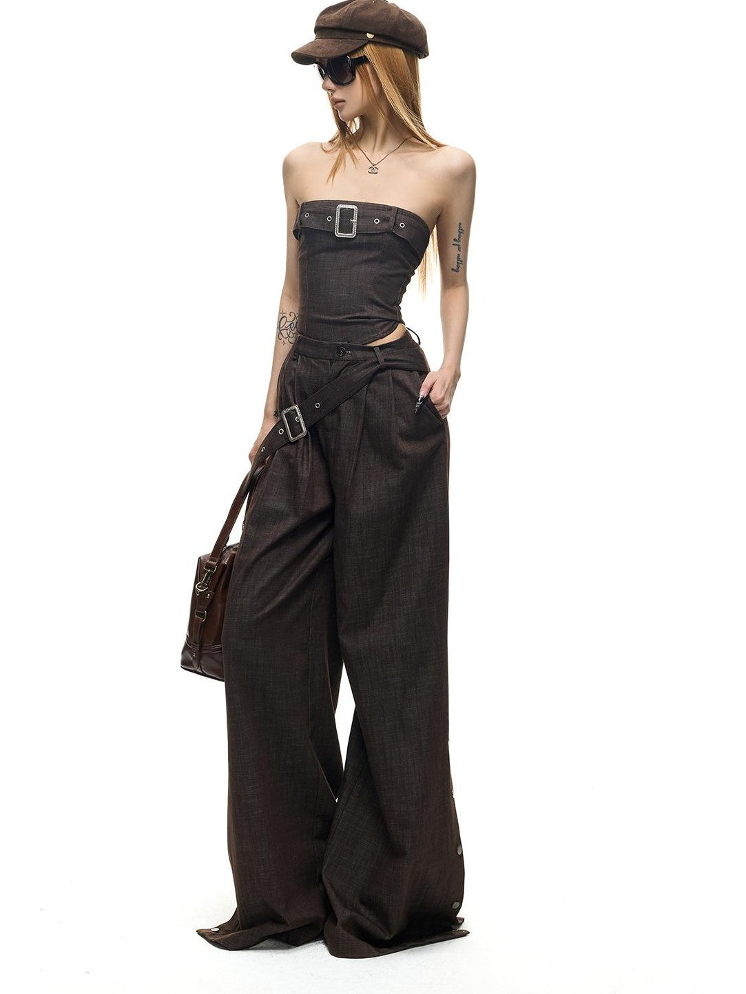 Fanptntox Washed Denim Look Embossed Buckle Women's Sleeveless Loose Casual Top & Pants Sets