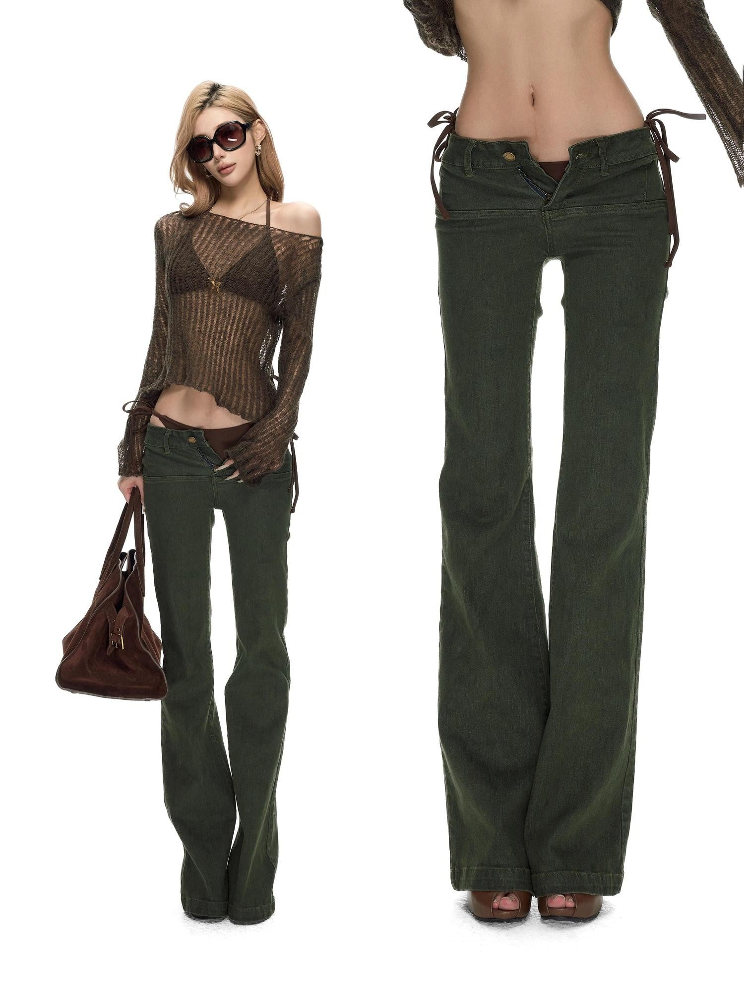 Fanptntox Washed Distressed Low Rise Tie Detail Women's Cotton Stretch Straight-leg Jeans