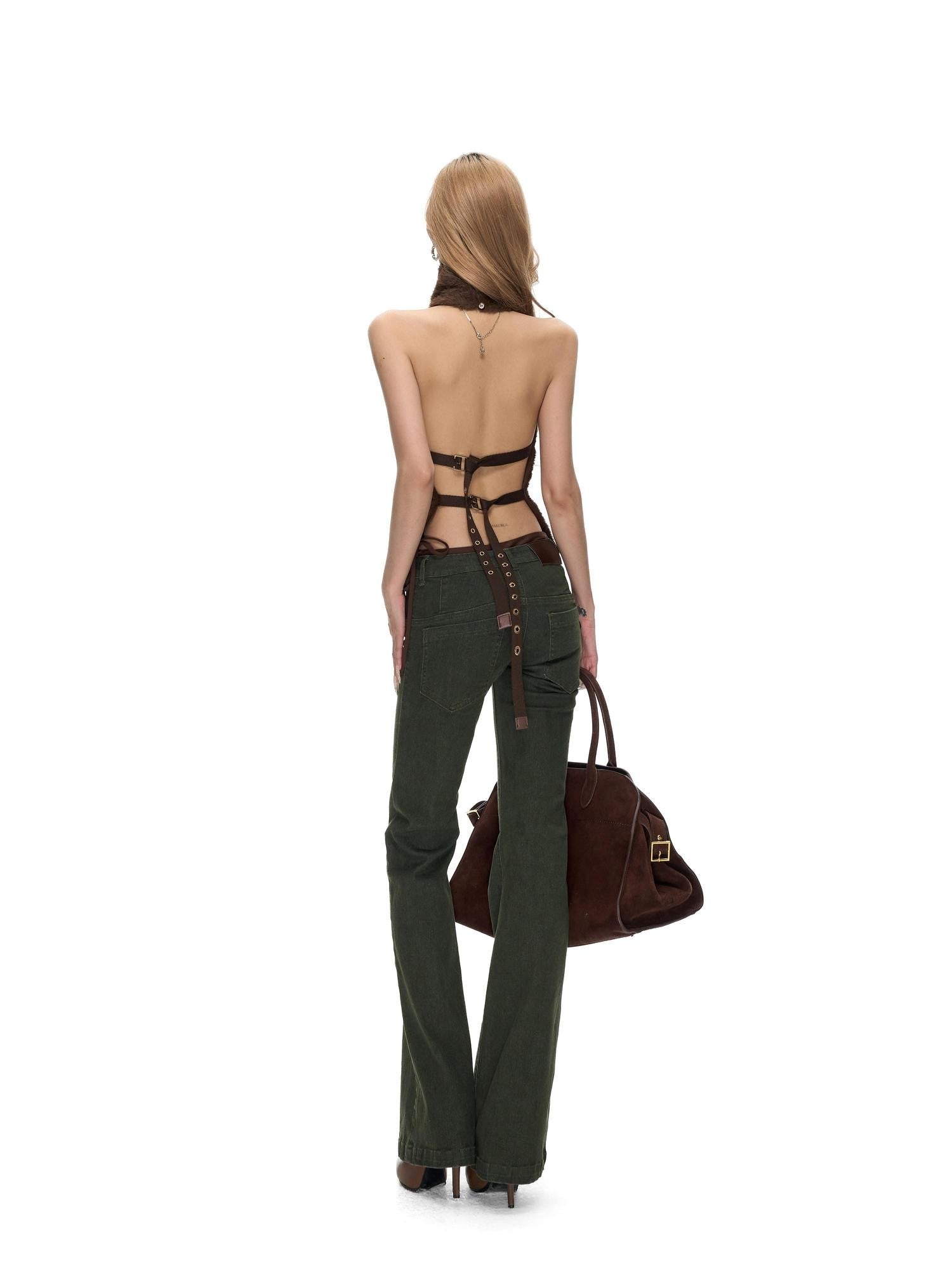 Fanptntox Washed Distressed Low Rise Tie Detail Women's Cotton Stretch Straight-leg Jeans
