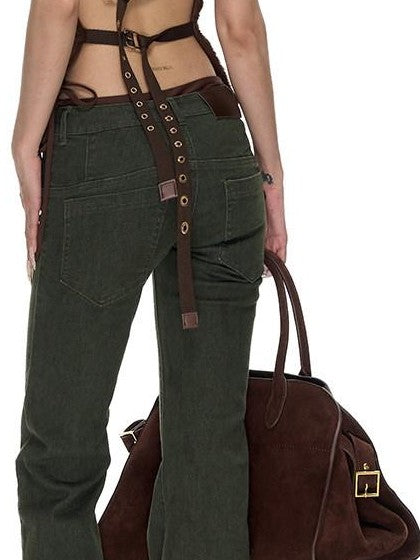 Fanptntox Washed Distressed Low Rise Tie Detail Women's Cotton Stretch Straight-leg Jeans