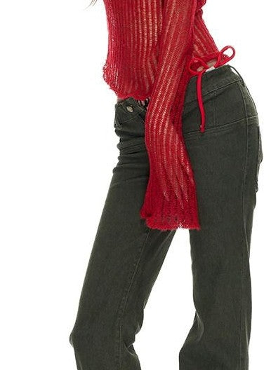 Fanptntox Washed Distressed Low Rise Tie Detail Women's Cotton Stretch Straight-leg Jeans