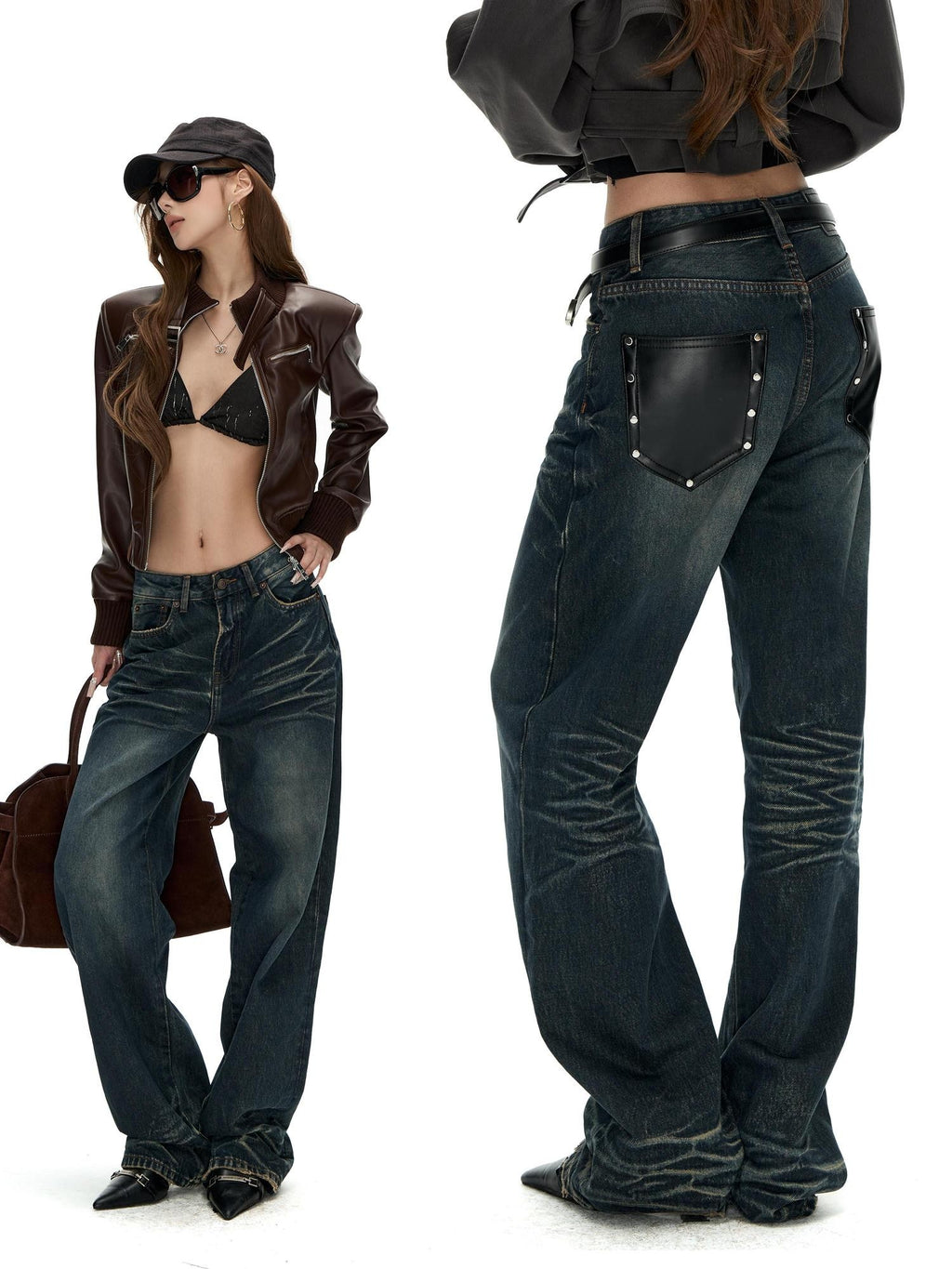 Fanptntox Washed Distressed Rivet Pocket Pleated Mid High Waist Women's Denim Straight-leg Jeans