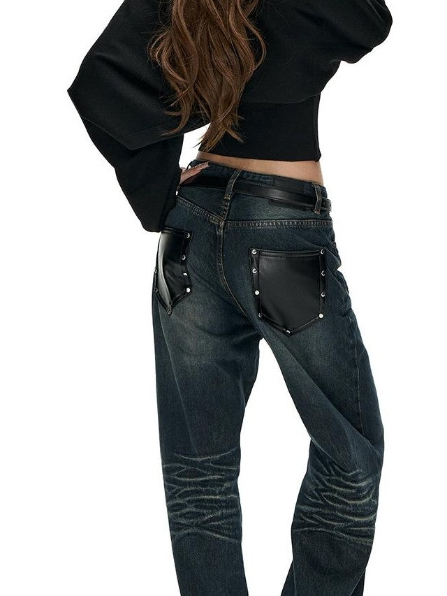 Fanptntox Washed Distressed Rivet Pocket Pleated Mid High Waist Women's Denim Straight-leg Jeans