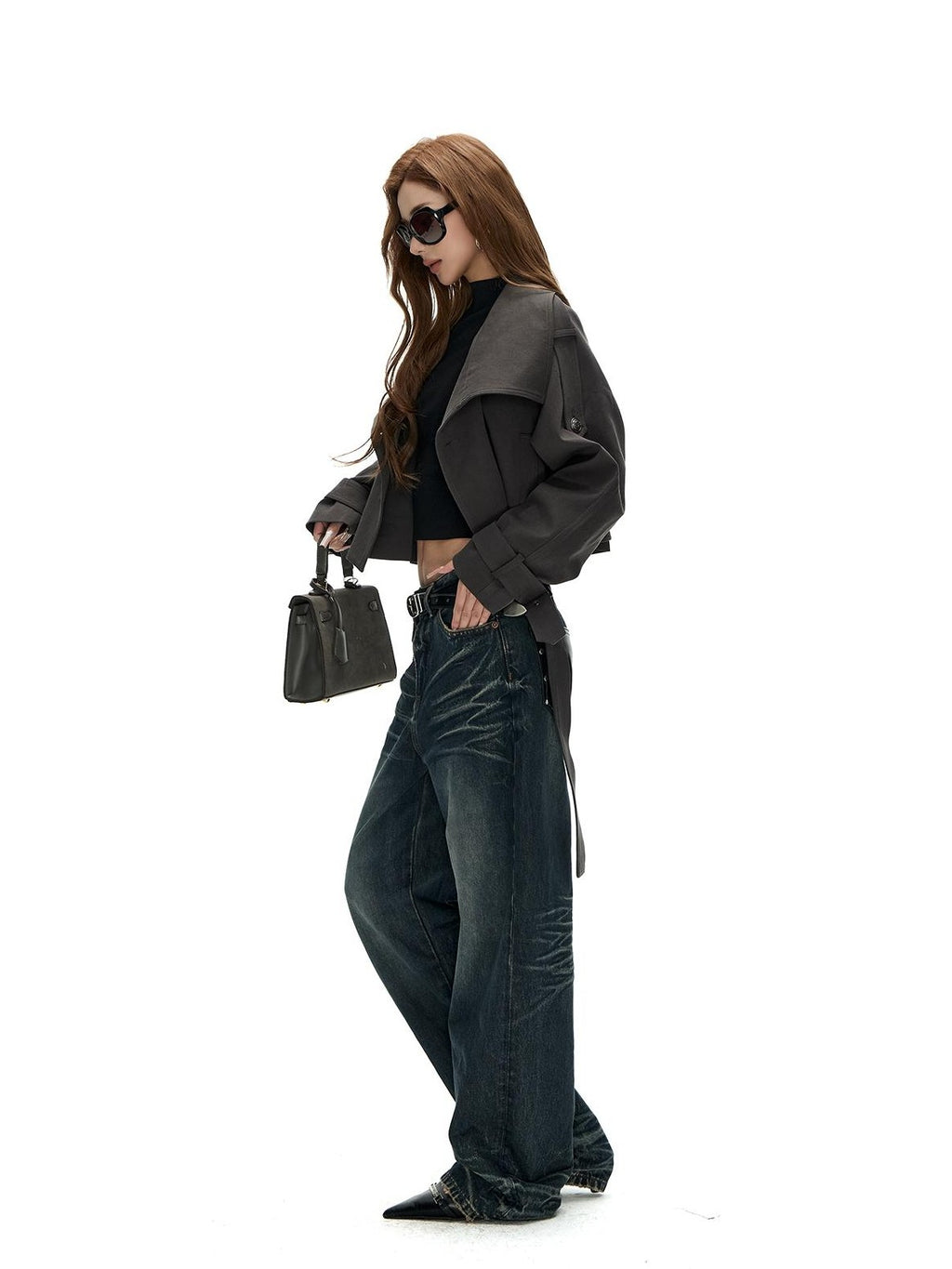 Fanptntox Washed Distressed Rivet Pocket Pleated Mid High Waist Women's Denim Straight-leg Jeans