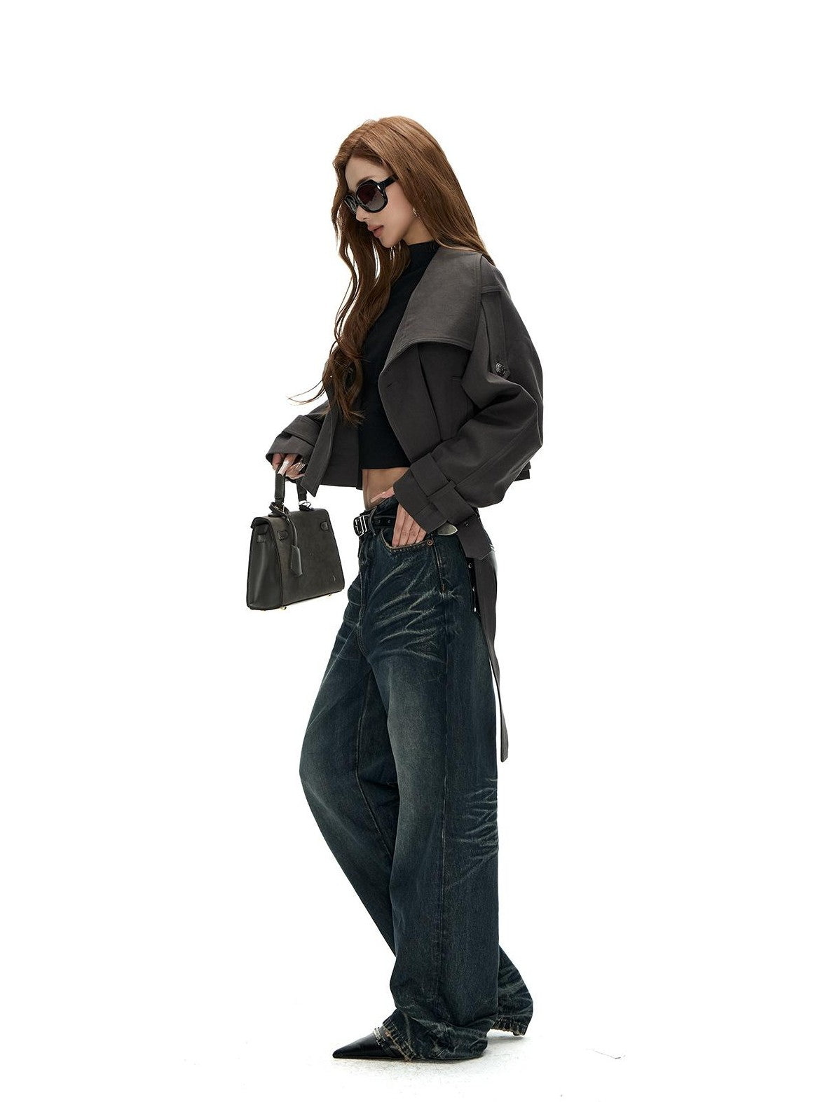 Fanptntox Washed Distressed Rivet Pocket Pleated Mid High Waist Women's Denim Straight-leg Jeans