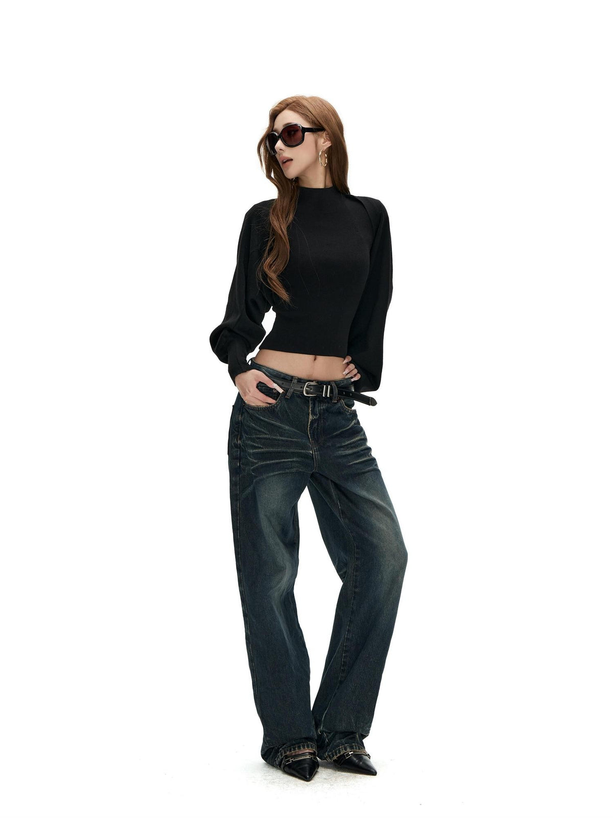 Fanptntox Washed Distressed Rivet Pocket Pleated Mid High Waist Women's Denim Straight-leg Jeans