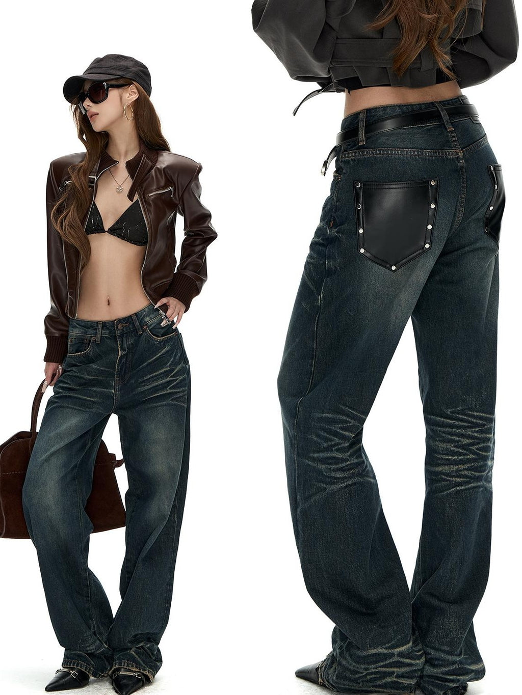 Fanptntox Washed Distressed Rivet Pocket Pleated Mid High Waist Women's Denim Straight-leg Jeans