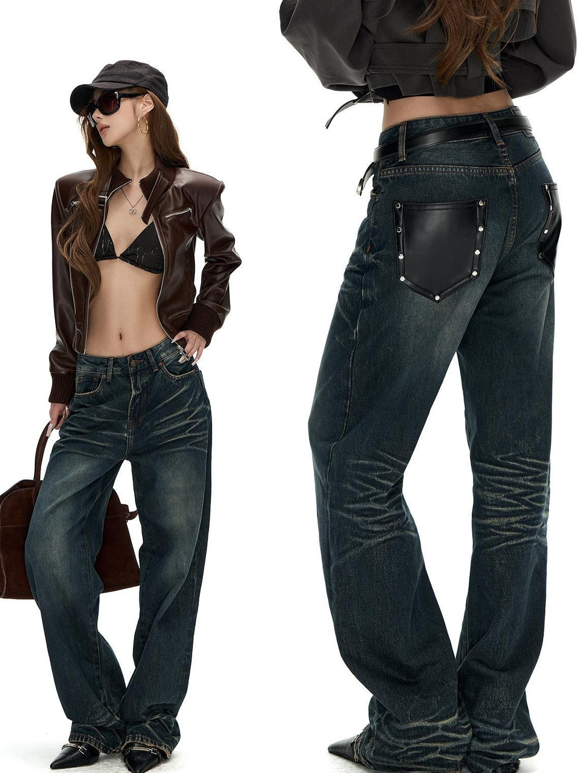 Fanptntox Washed Distressed Rivet Pocket Pleated Mid High Waist Women's Denim Straight-leg Jeans