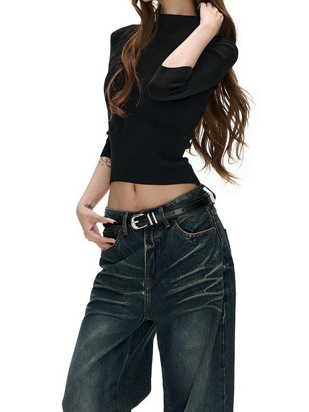 Fanptntox Washed Distressed Rivet Pocket Pleated Mid High Waist Women's Denim Straight-leg Jeans