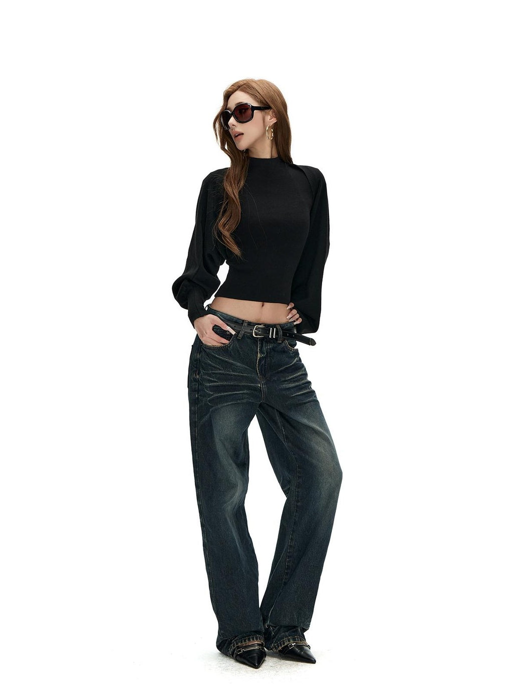 Fanptntox Washed Distressed Rivet Pocket Pleated Mid High Waist Women's Denim Straight-leg Jeans