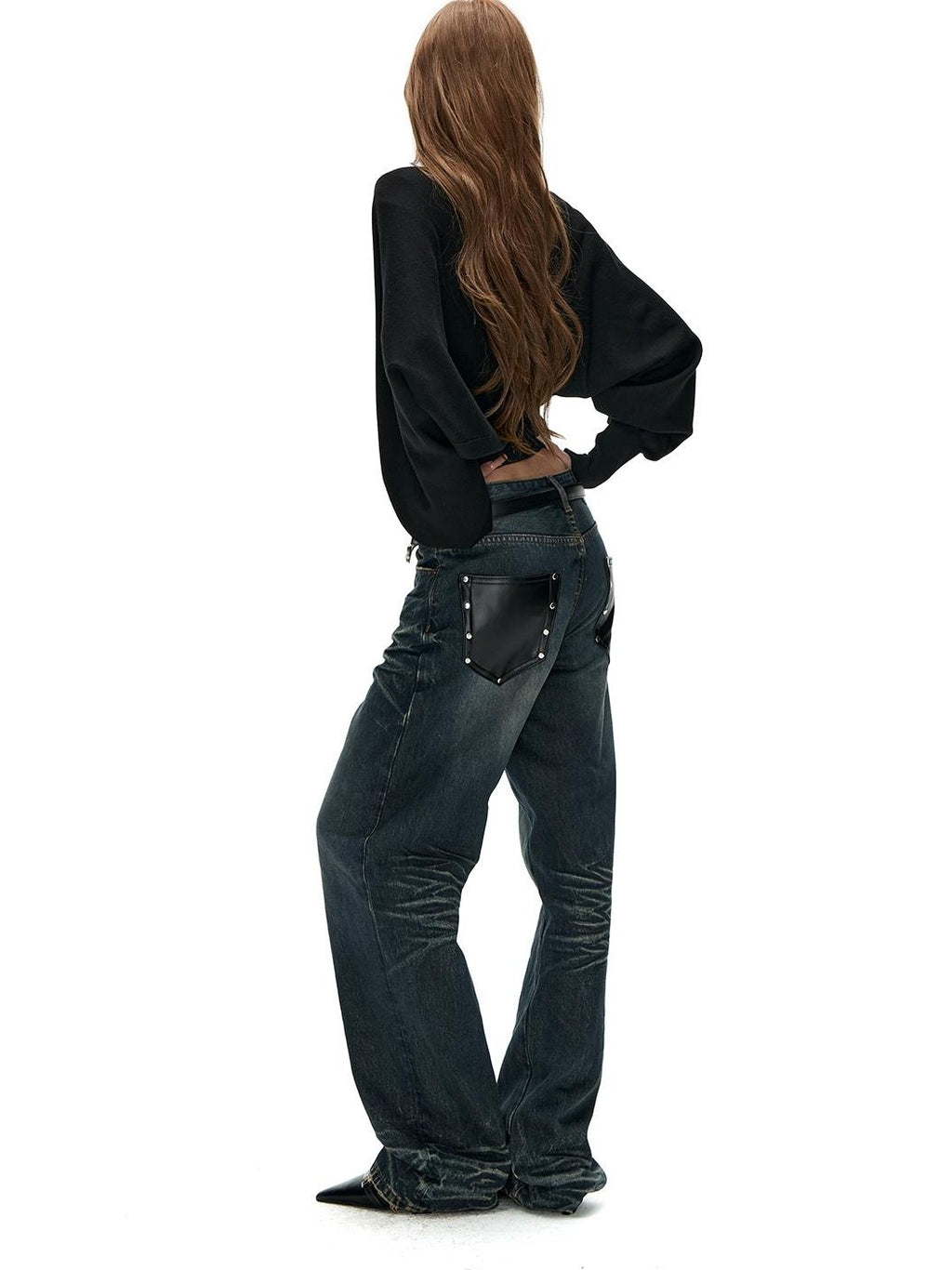 Fanptntox Washed Distressed Rivet Pocket Pleated Mid High Waist Women's Denim Straight-leg Jeans