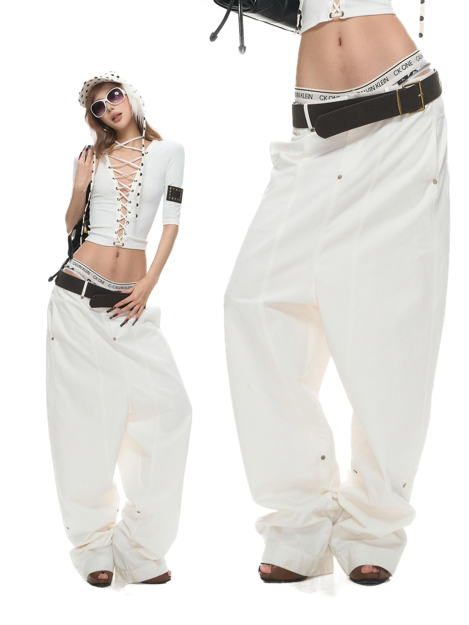 Fanptntox Washed Low Waist Loose Solid Zip Fly Women's Cotton Wide-leg Pants