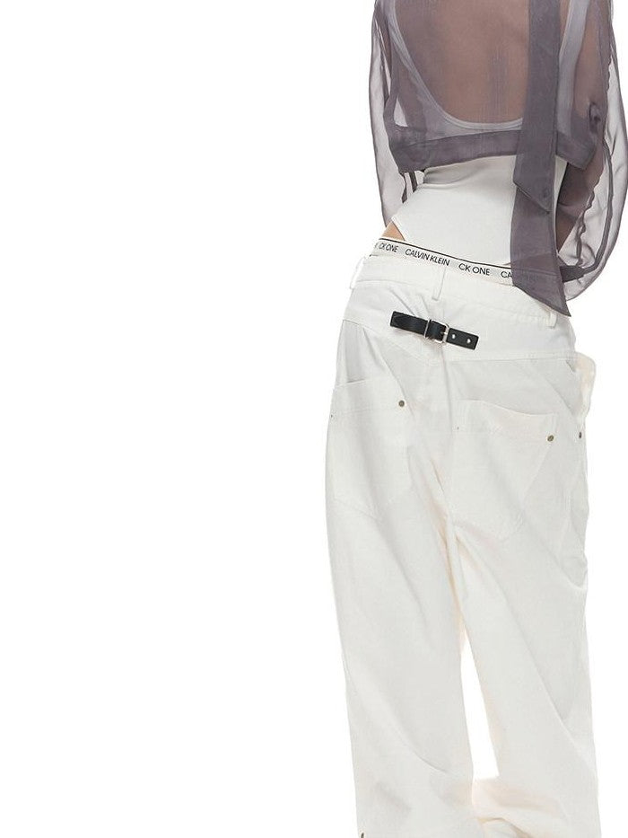 Fanptntox Washed Low Waist Loose Solid Zip Fly Women's Cotton Wide-leg Pants