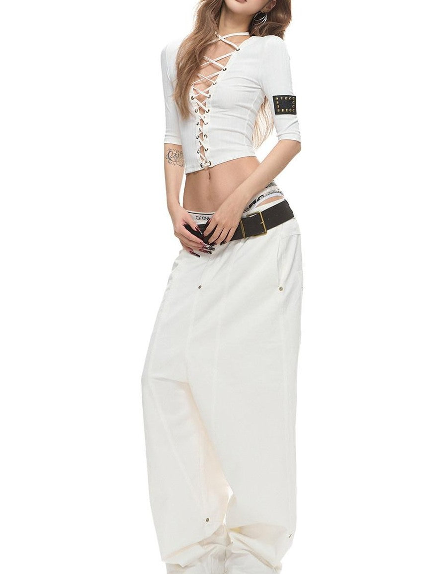 Fanptntox Washed Low Waist Loose Solid Zip Fly Women's Cotton Wide-leg Pants