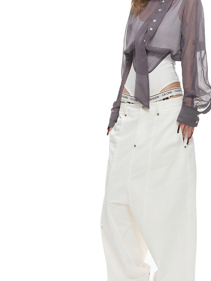 Fanptntox Washed Low Waist Loose Solid Zip Fly Women's Cotton Wide-leg Pants