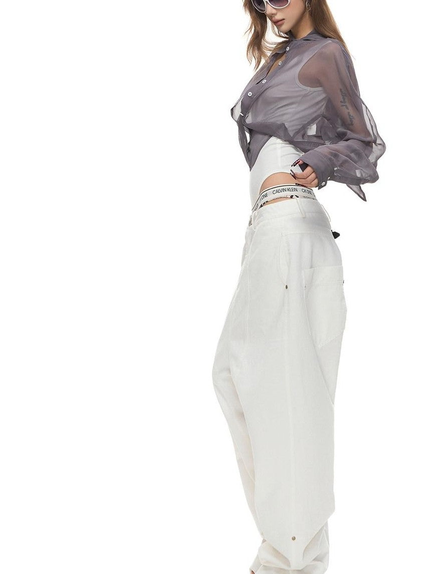 Fanptntox Washed Low Waist Loose Solid Zip Fly Women's Cotton Wide-leg Pants