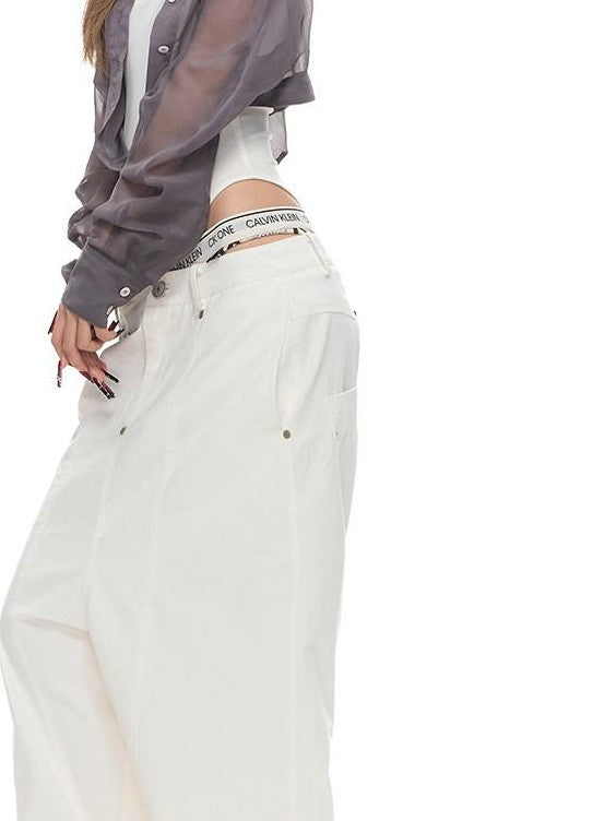 Fanptntox Washed Low Waist Loose Solid Zip Fly Women's Cotton Wide-leg Pants