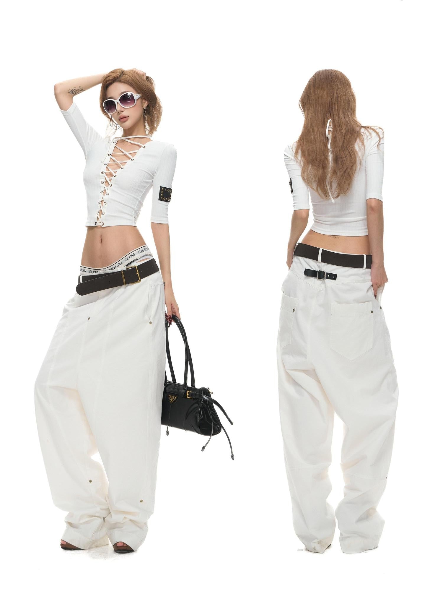 Fanptntox Washed Low Waist Loose Solid Zip Fly Women's Cotton Wide-leg Pants