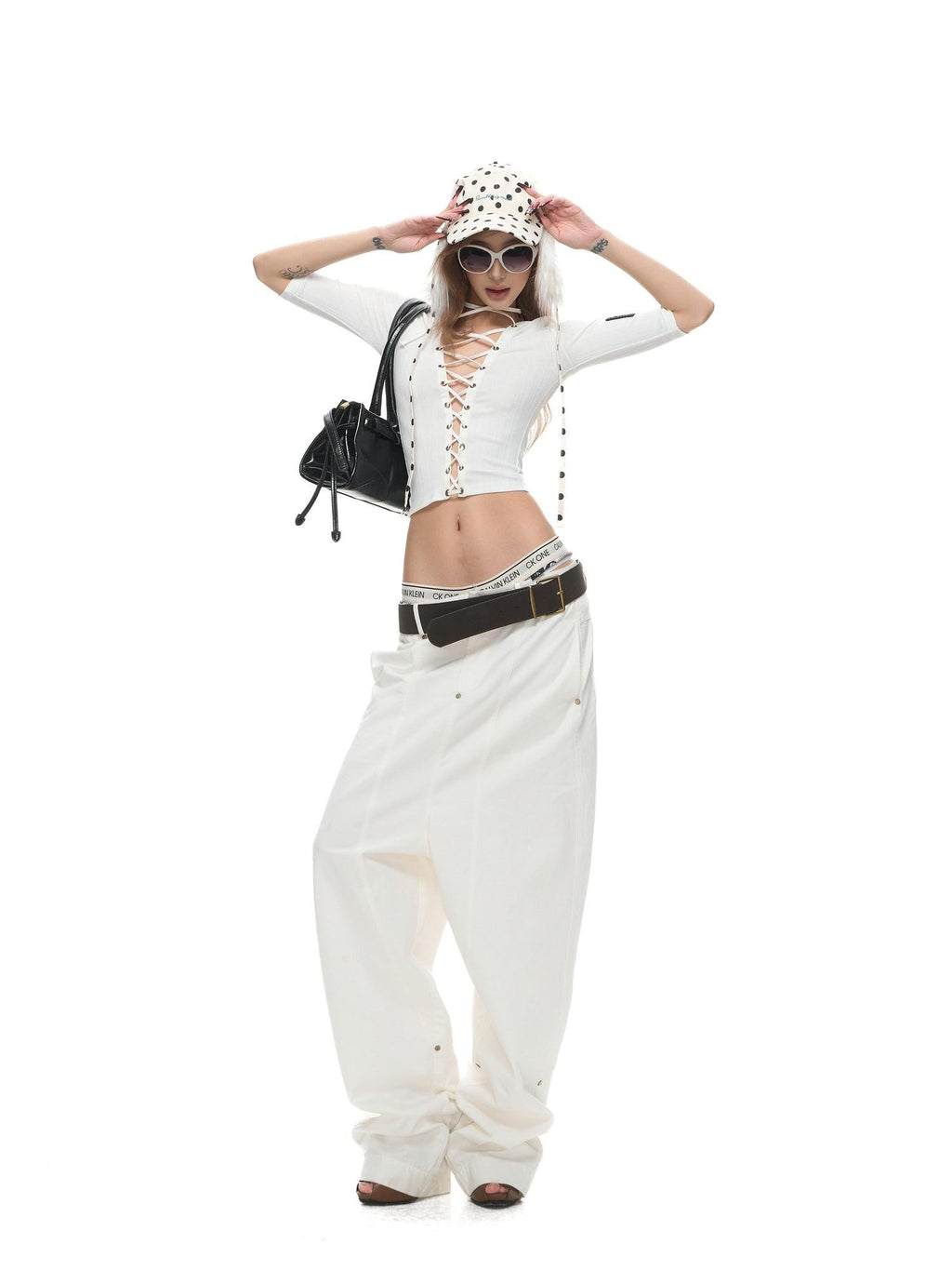 Fanptntox Washed Low Waist Loose Solid Zip Fly Women's Cotton Wide-leg Pants