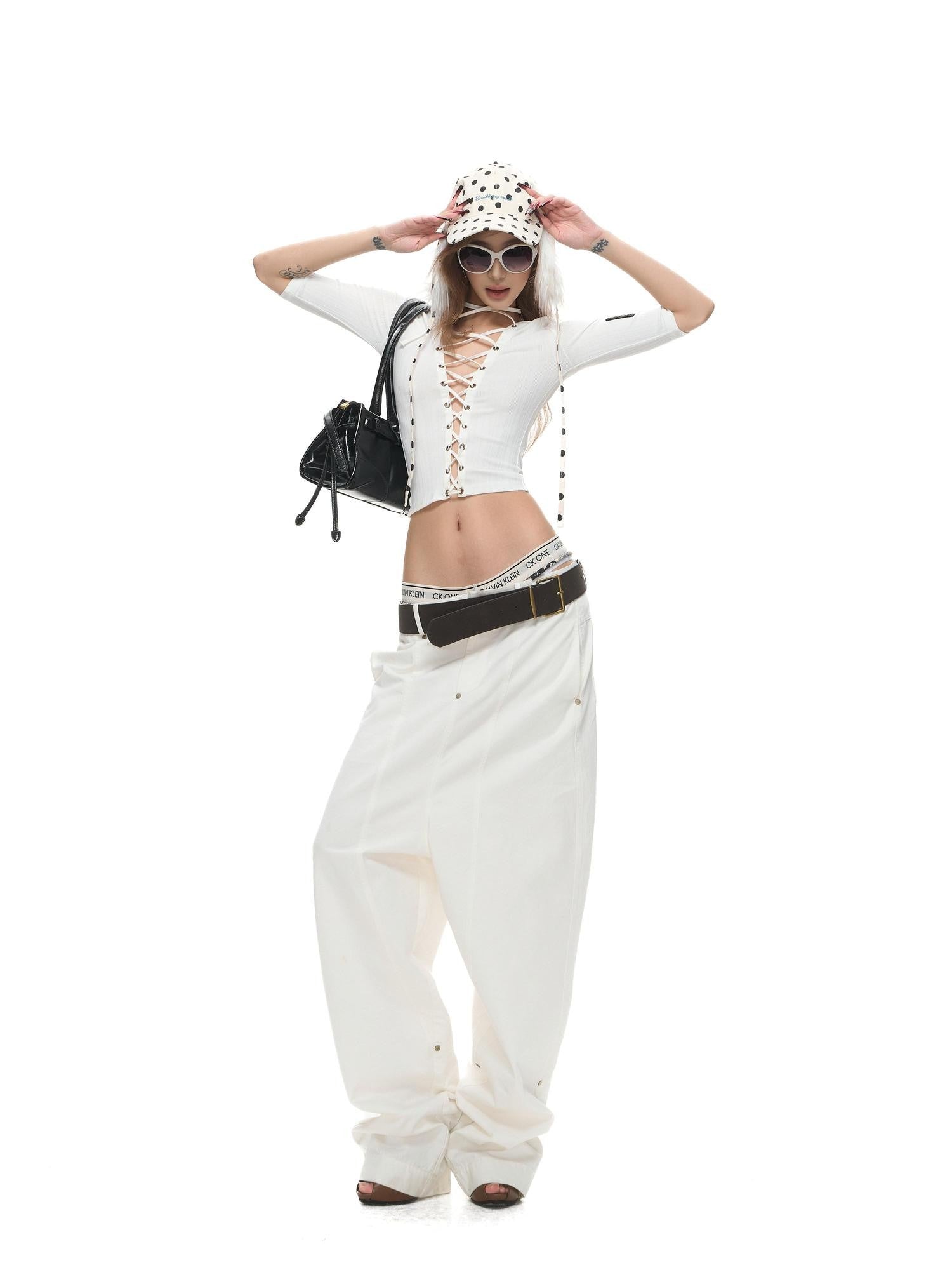 Fanptntox Washed Low Waist Loose Solid Zip Fly Women's Cotton Wide-leg Pants
