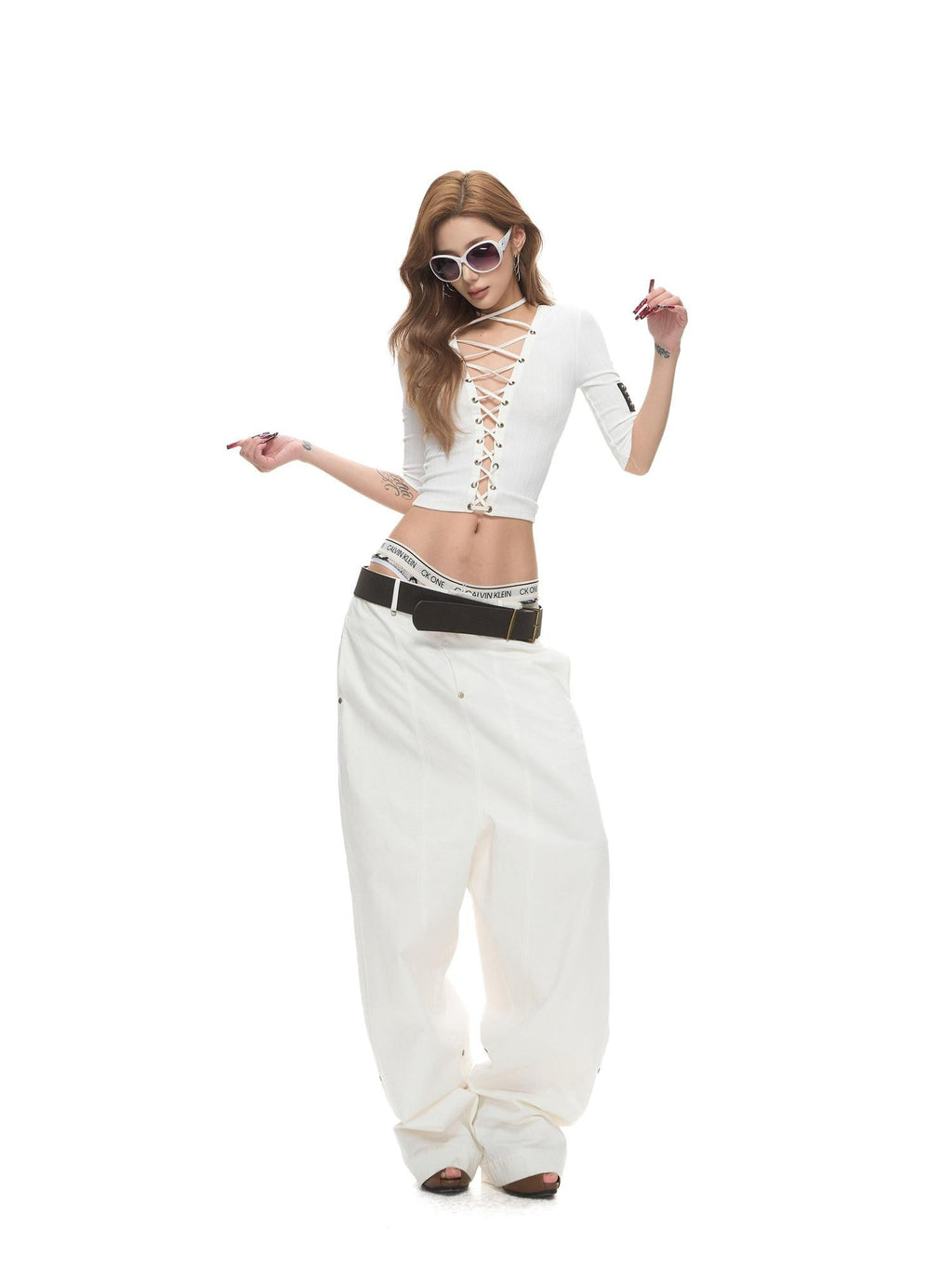 Fanptntox Washed Low Waist Loose Solid Zip Fly Women's Cotton Wide-leg Pants