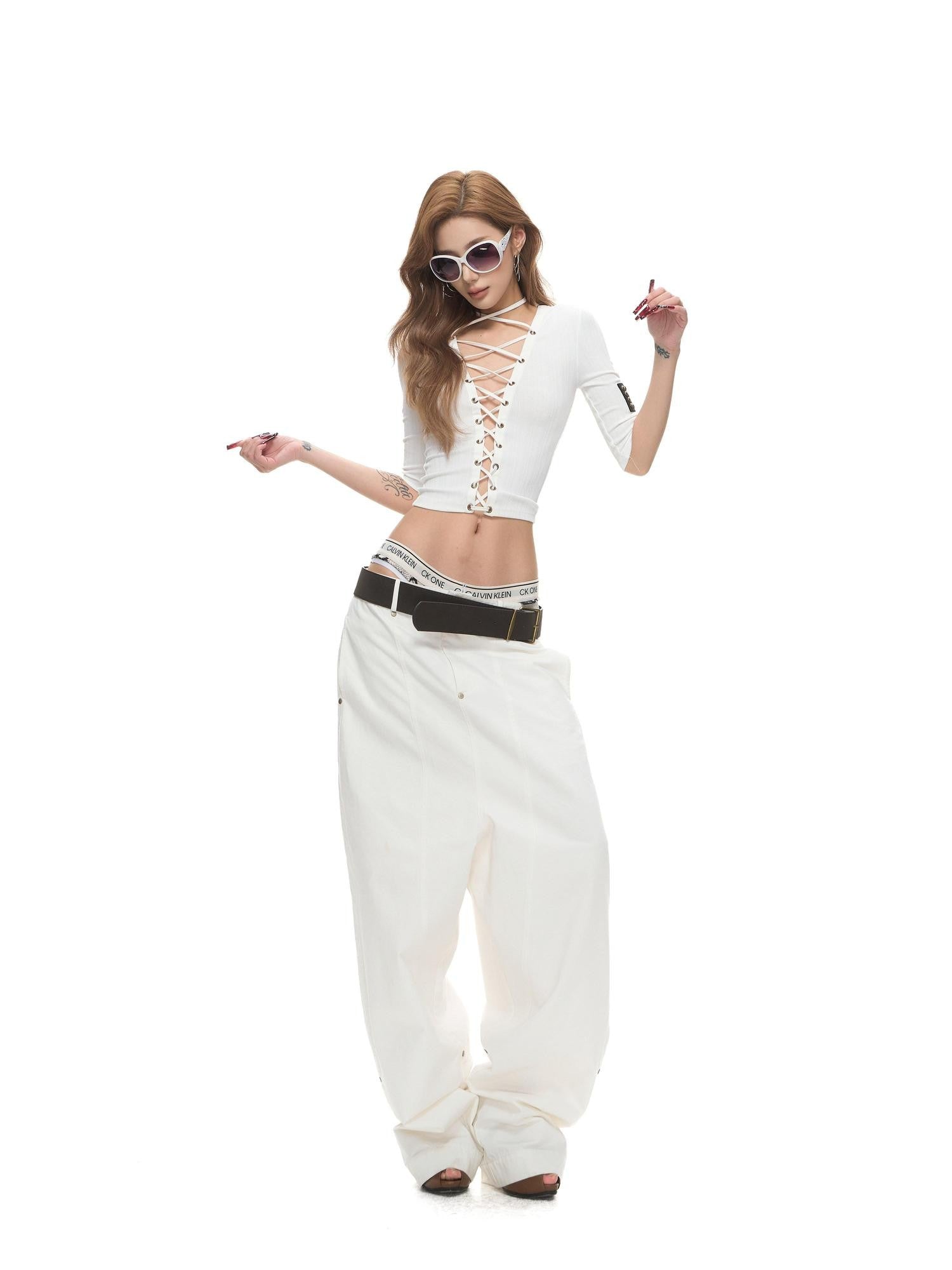 Fanptntox Washed Low Waist Loose Solid Zip Fly Women's Cotton Wide-leg Pants