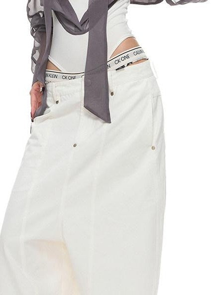 Fanptntox Washed Low Waist Loose Solid Zip Fly Women's Cotton Wide-leg Pants