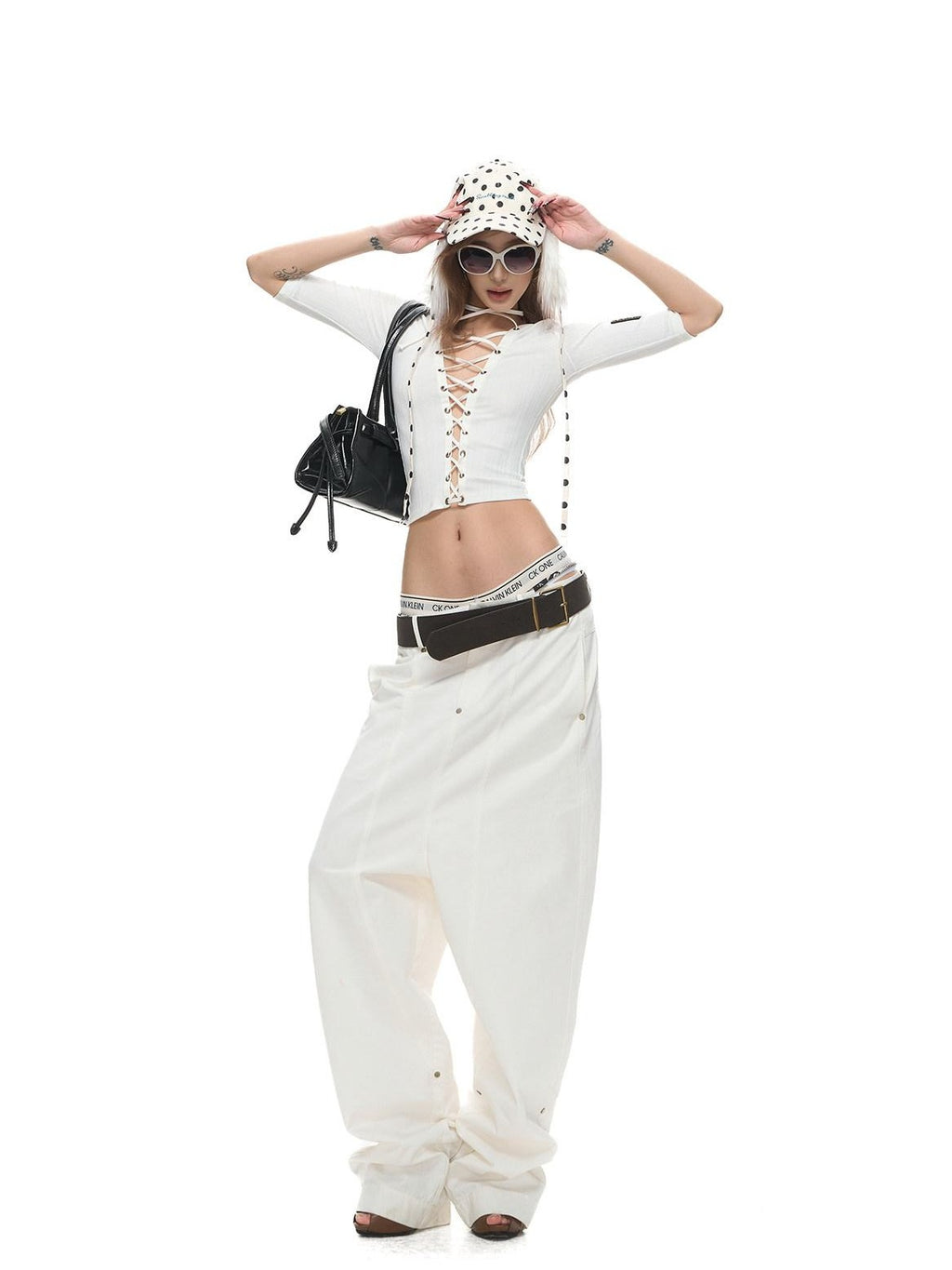 Fanptntox Washed Low Waist Loose Solid Zip Fly Women's Cotton Wide-leg Pants
