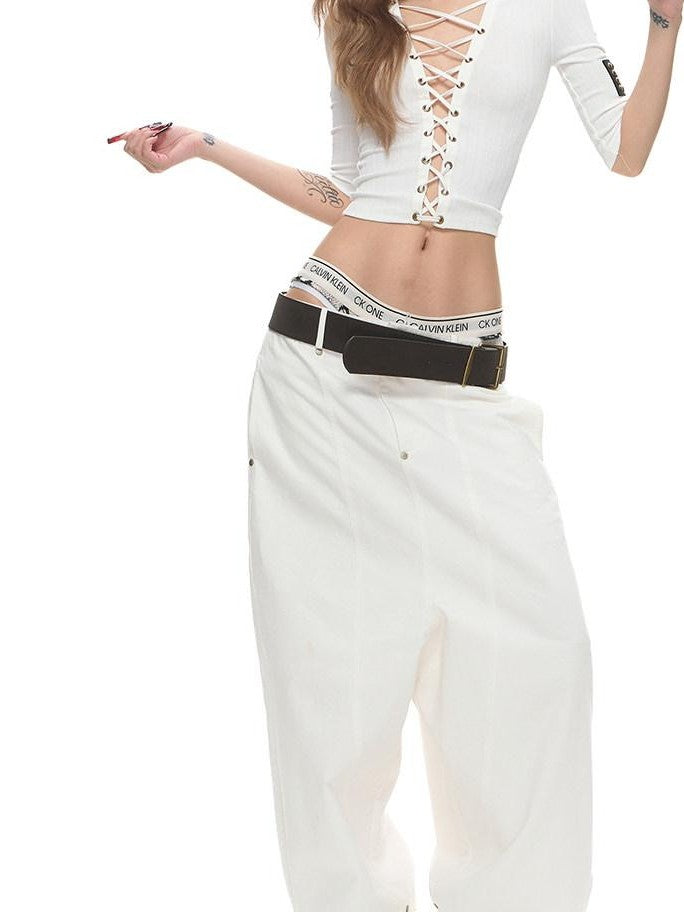 Fanptntox Washed Low Waist Loose Solid Zip Fly Women's Cotton Wide-leg Pants