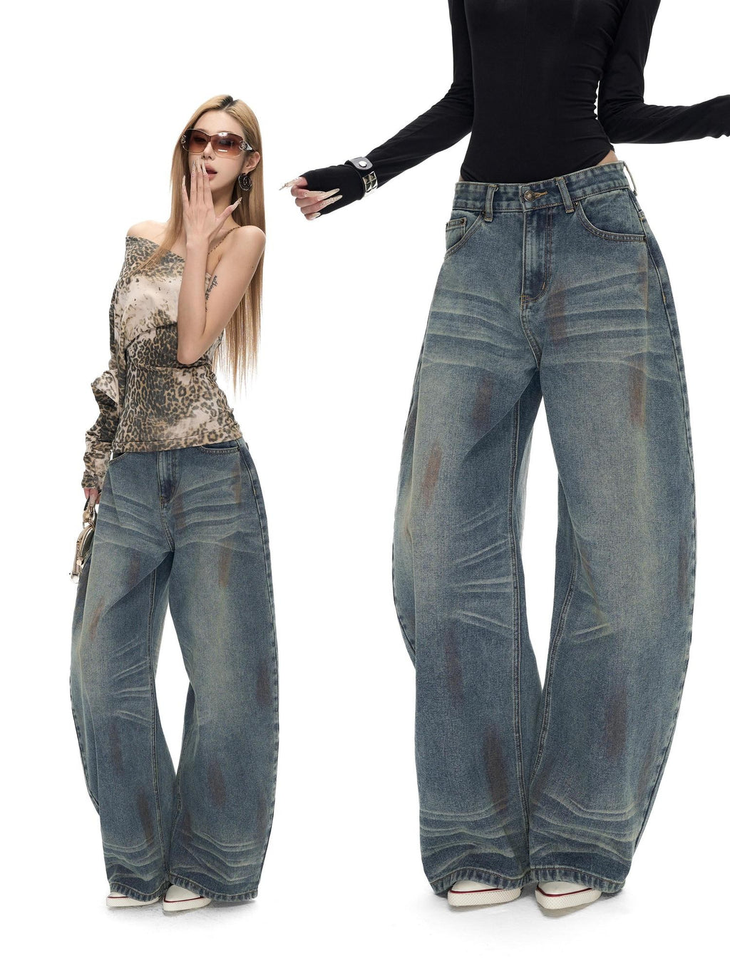 Fanptntox Washed Spray Back Waist Cutout Swoop Women's Cotton Barrel-leg Jeans