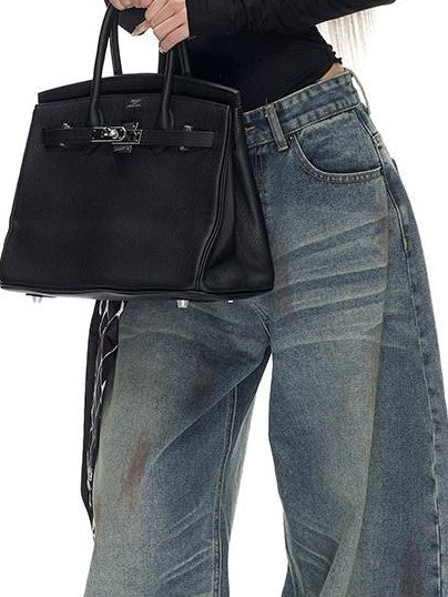 Fanptntox Washed Spray Back Waist Cutout Swoop Women's Cotton Barrel-leg Jeans