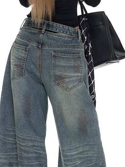 Fanptntox Washed Spray Back Waist Cutout Swoop Women's Cotton Barrel-leg Jeans
