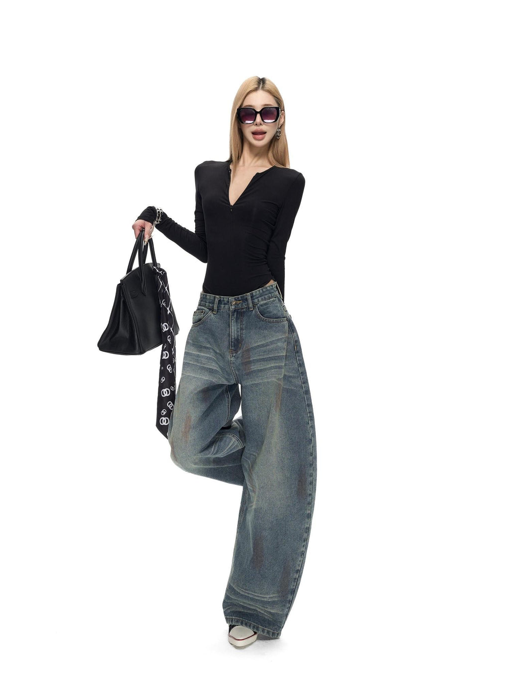 Fanptntox Washed Spray Back Waist Cutout Swoop Women's Cotton Barrel-leg Jeans