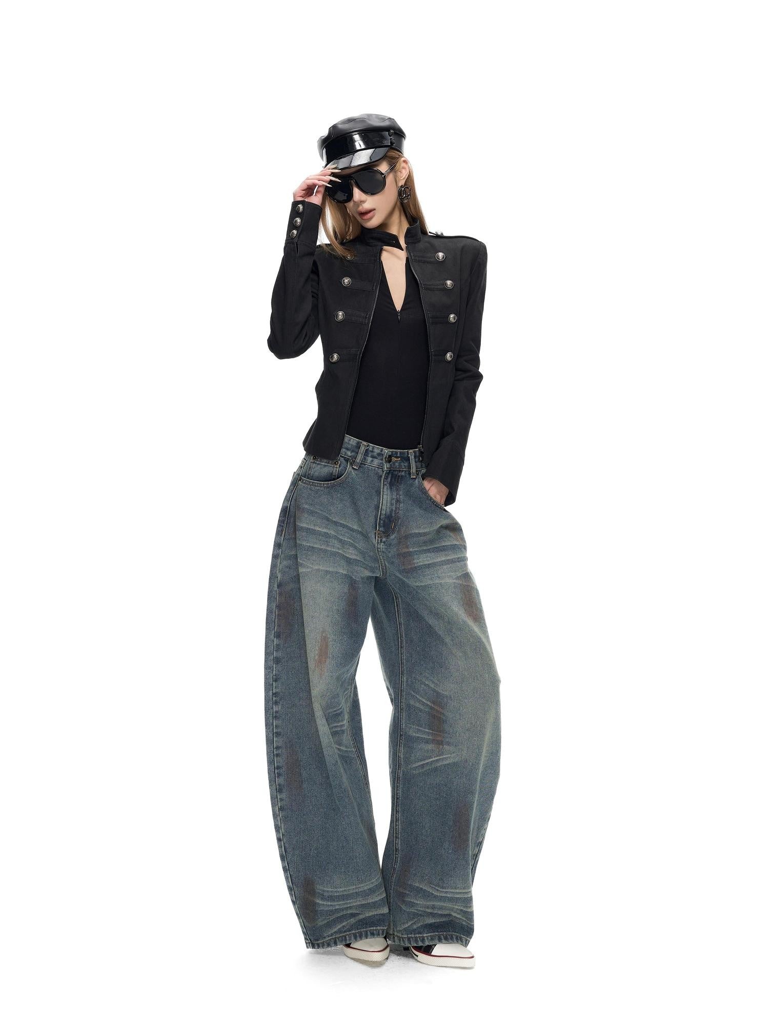 Fanptntox Washed Spray Back Waist Cutout Swoop Women's Cotton Barrel-leg Jeans