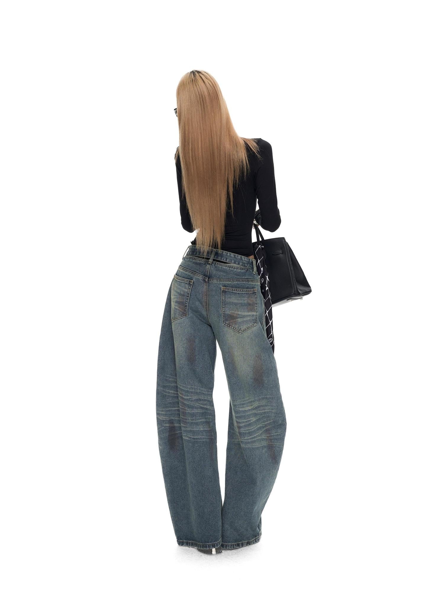 Fanptntox Washed Spray Back Waist Cutout Swoop Women's Cotton Barrel-leg Jeans