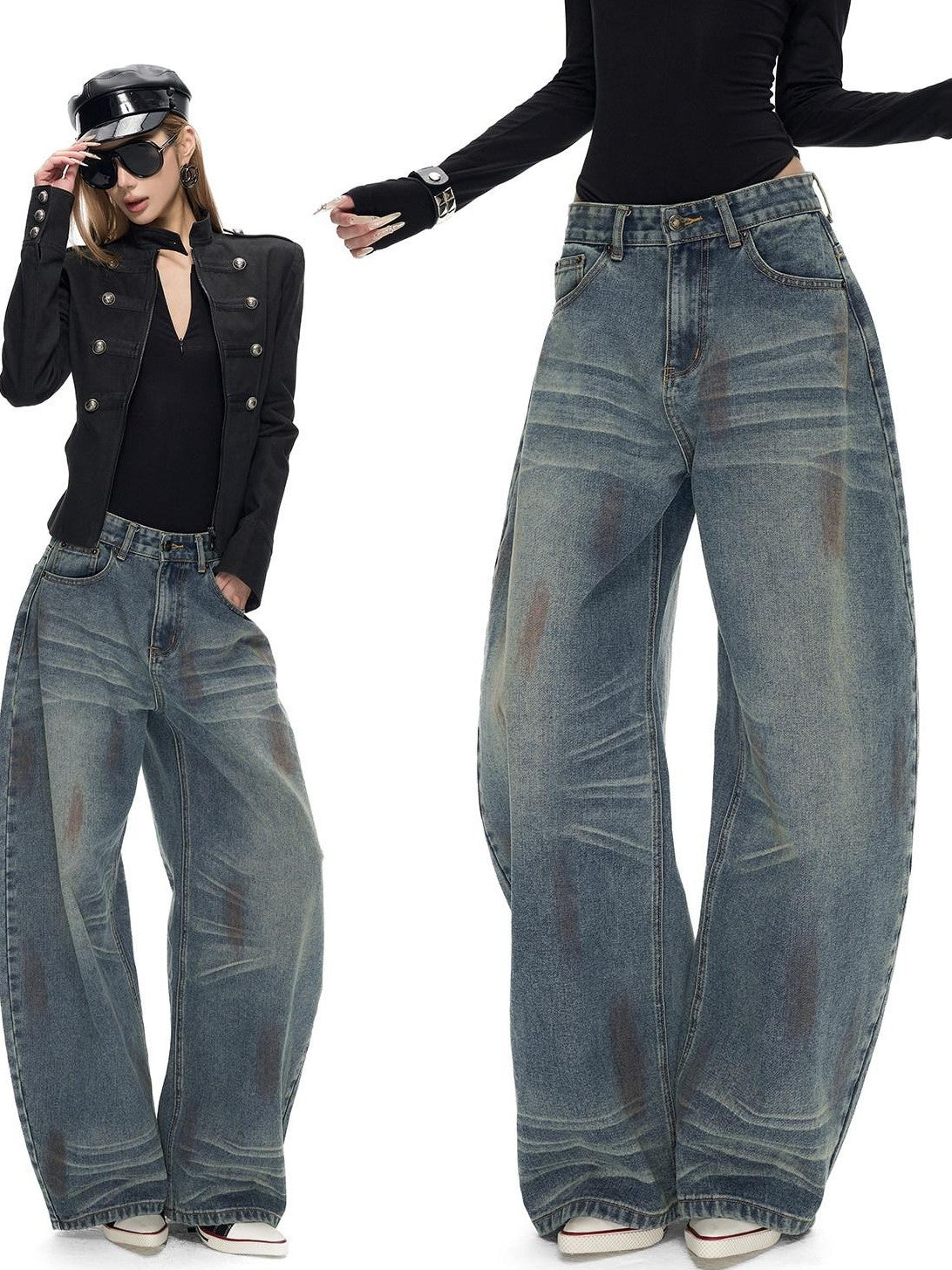 Fanptntox Washed Spray Back Waist Cutout Swoop Women's Cotton Barrel-leg Jeans