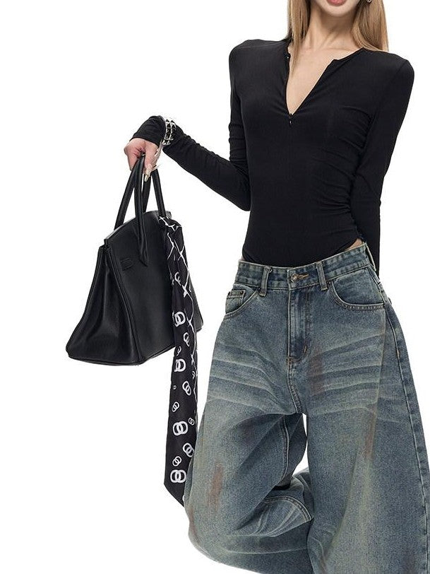 Fanptntox Washed Spray Back Waist Cutout Swoop Women's Cotton Barrel-leg Jeans
