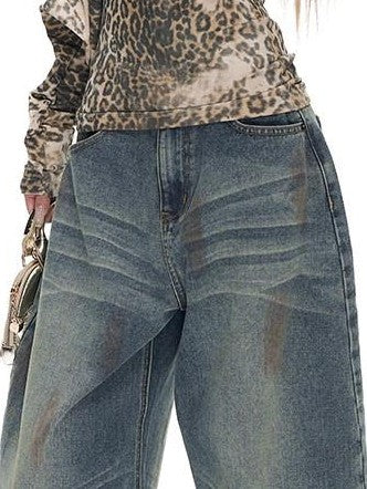 Fanptntox Washed Spray Back Waist Cutout Swoop Women's Cotton Barrel-leg Jeans